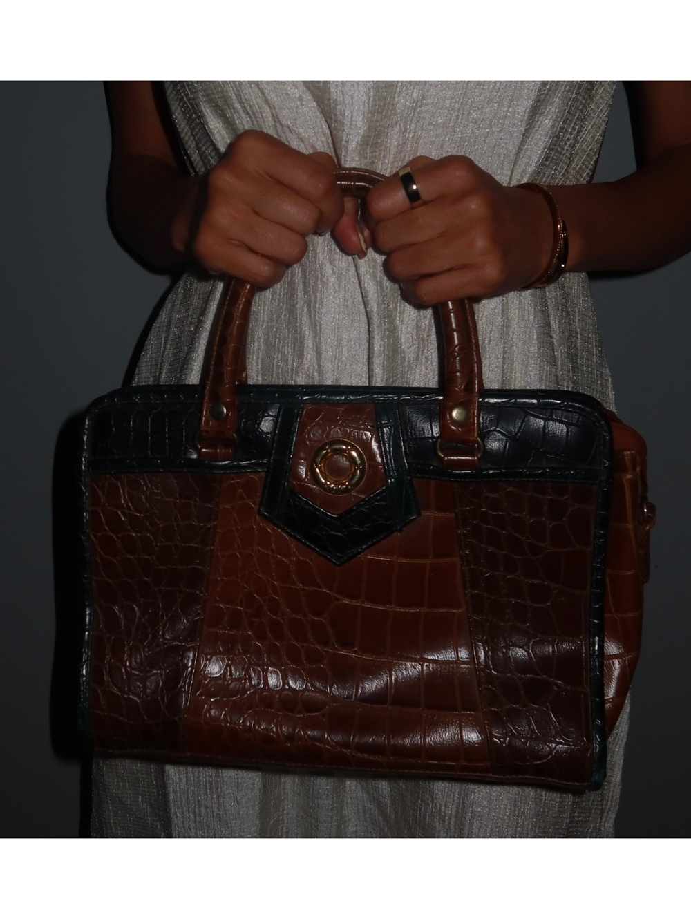 Vintage Y2K Brown Green Croc Embossed Structured Satchel Bag